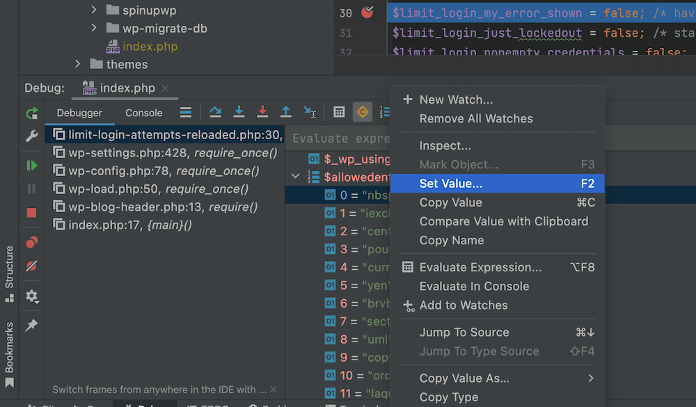 A portion of the PhpStorm Debugger interface with a list of breakpoints, filenames, line numbers, and function references on the left. The right shows a highlighted value within the code, with a context menu open. Among the options is "Set Value…" — the way to assign new values to variables and debug the code.