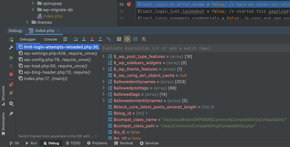A partial PhpStorm screen, showing an open debugger panel. The left shows various breakpoints, complete with filenames, line numbers, and function references. The right shows the values of the variables throughout the code, along with the value types.