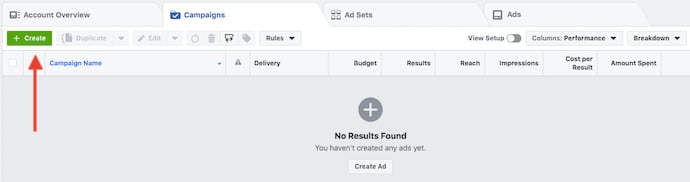 facebook ad manager create a new ad button