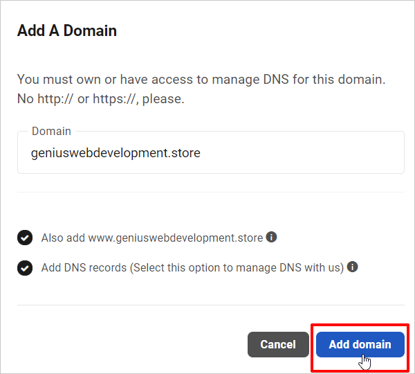 Add A Domain screen
