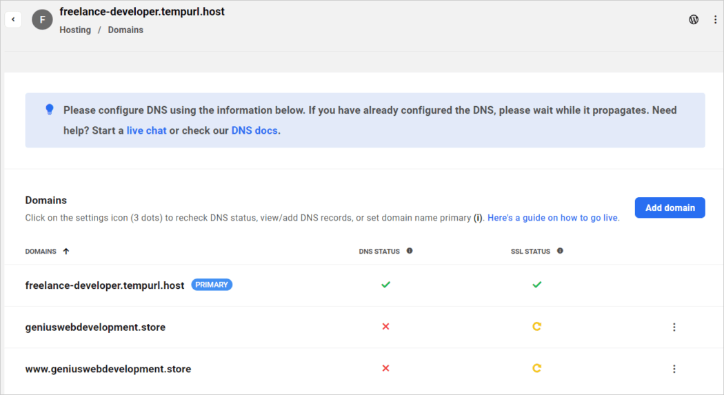 The Hub: Hosting - Domains screen.