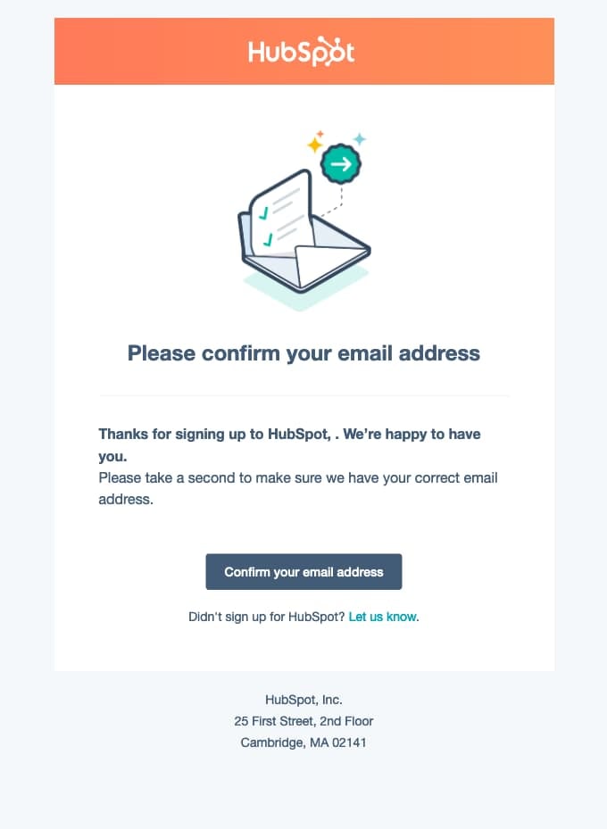 Newsletter sign-up form example, email confirmation example from HubSpot