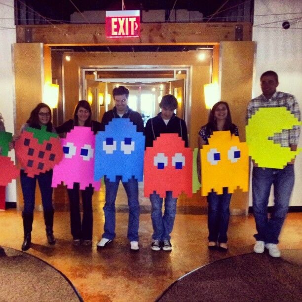 Group costume with PAC-MAN, four ghosts and fruit from the vintage arcade game