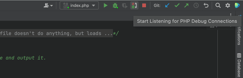 A close-up of the PhpStorm toolbar, which displays options for the current run configuration, various Git options, and the Start Listening for PHP Debug Connections telephone icon (complete with tooltip).