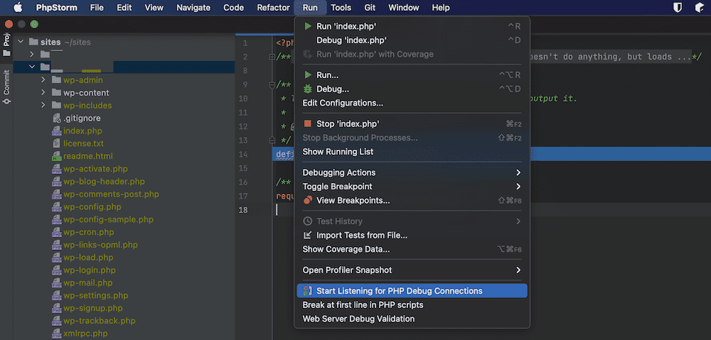 A partial PhpStorm interface screen, showing a tree directory on the left, and the application toolbar. The Run menu is open, and the 