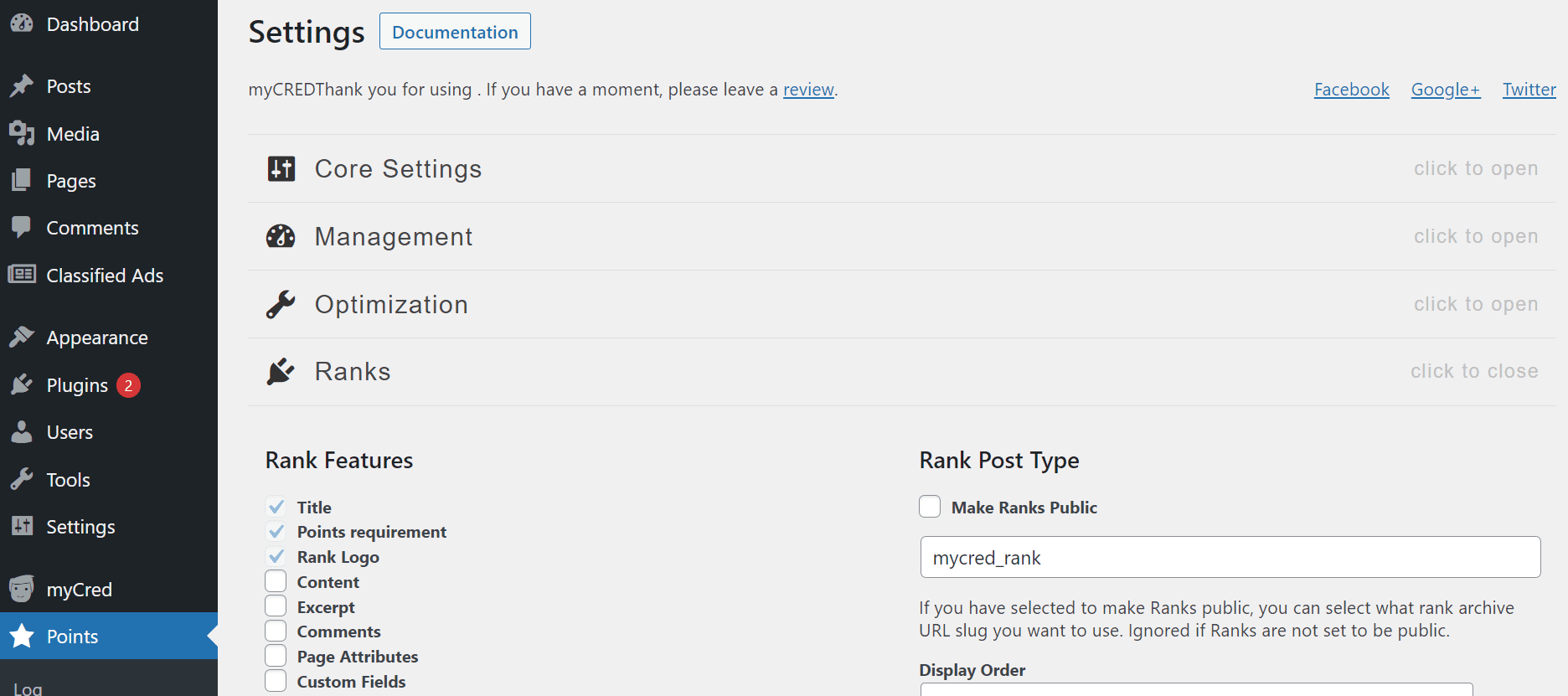 Points settings.