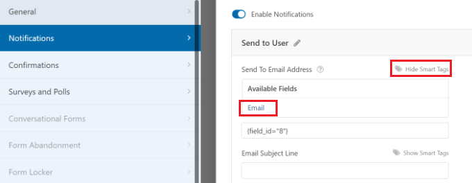 Select the email smart tag