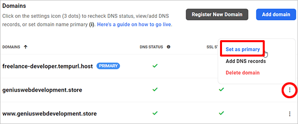 Domains - Set as primary.