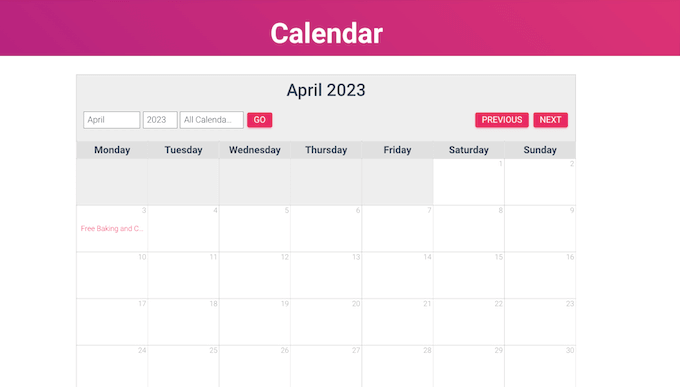 A calendar, created using Sugar Calendar