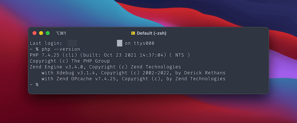 The Big Sur blue, red, and purple gradient desktop background, showing a macOS Terminal window. It shows the "php -version" command, along with the PHP version number, a copyright notice, and installed versions (complete with version numbers) for Zend Engine, Xdebug, and Zend OPcache.