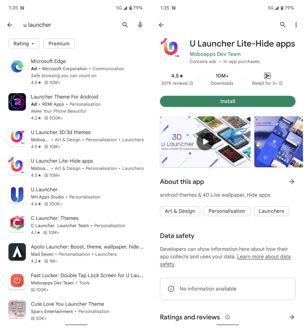 U Launcher Lite at Google Play Store