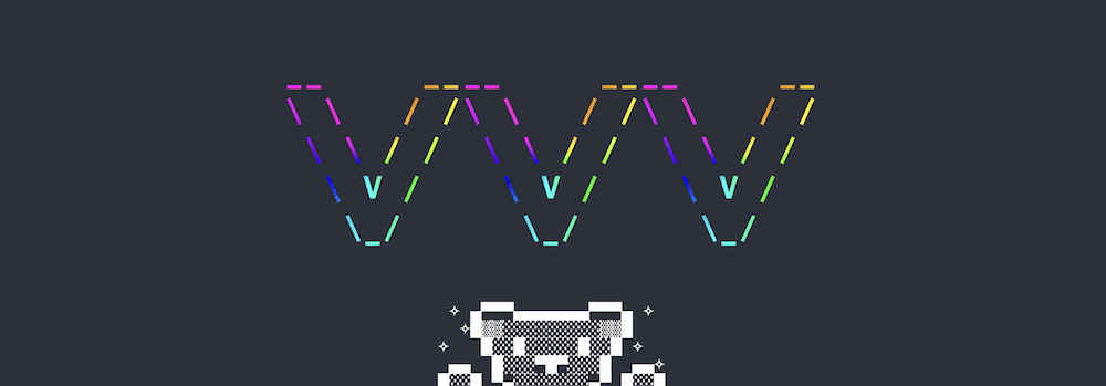 A blue background containing 8-bit ASCII art of the Varying Vagrant Vagrants logo (