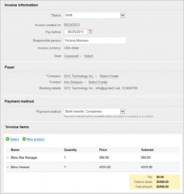 Bitrix24 Create Invoice