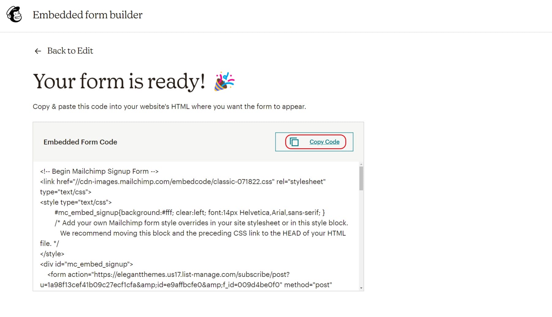 Step 8 - Create Mailchimp Embed Form