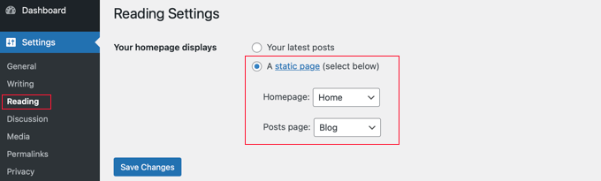 Select Your Home Page and Blog Page