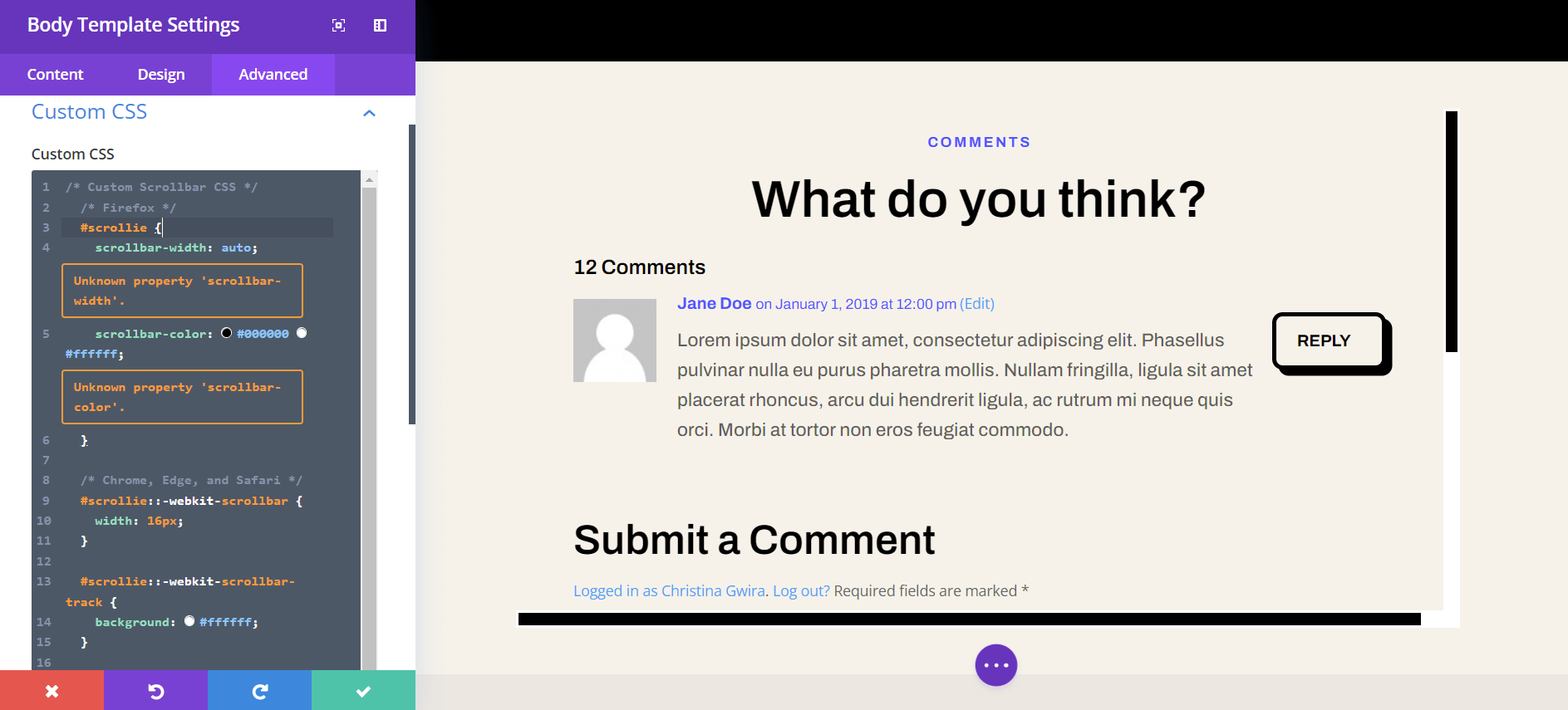 Custom CSS for scrollable comments in Divi