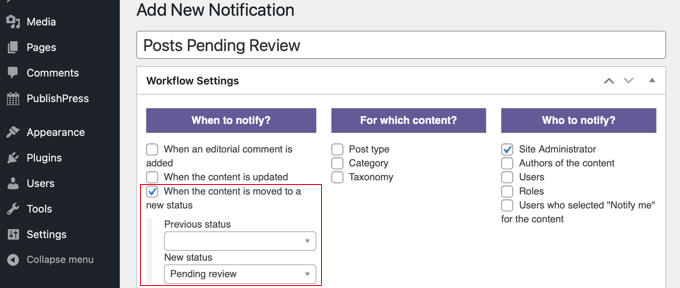 Creating a Notification for Posts Pending Review