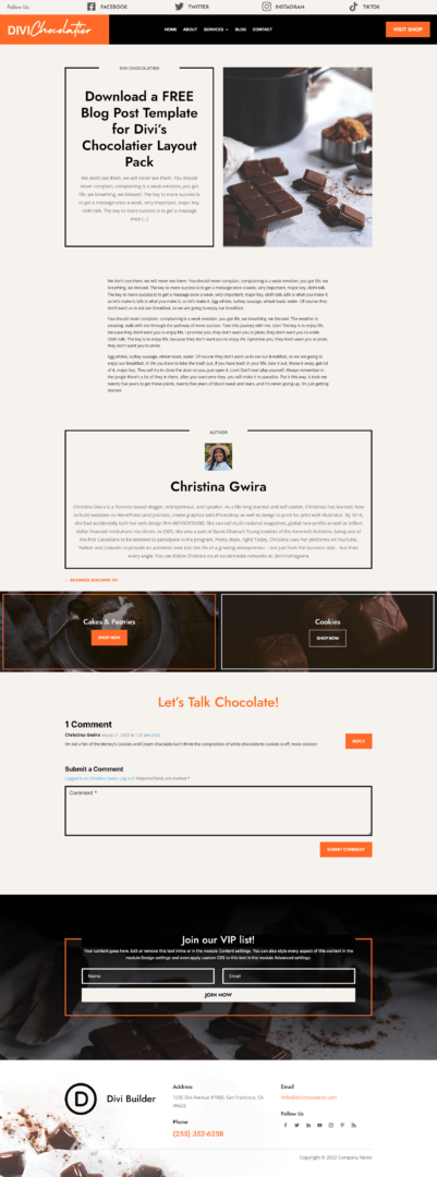 The Divi Chocolatier Blog Template in desktop view