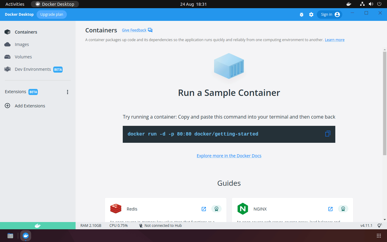 Screenshot of Docker Desktop running on Ubuntu.