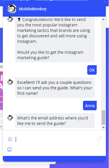 email capture tool, lead capture via chatbot on the MobileMonkey website