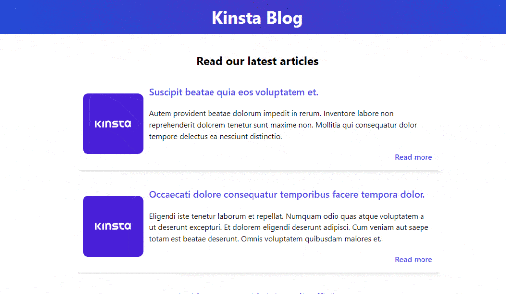 The example "Kinsta Blog" page showing article cards with working links.