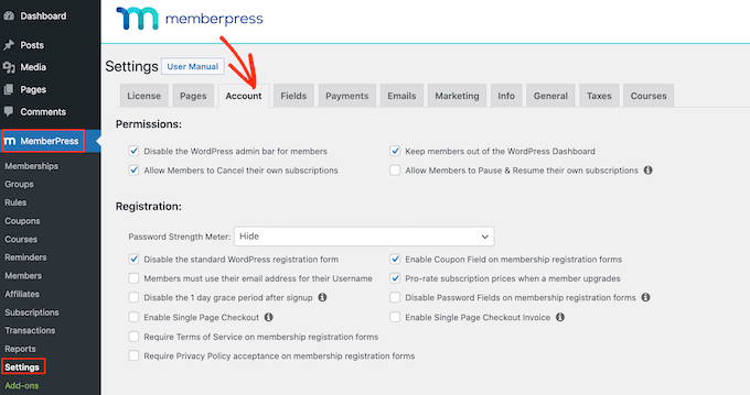 The MemberPress account settings