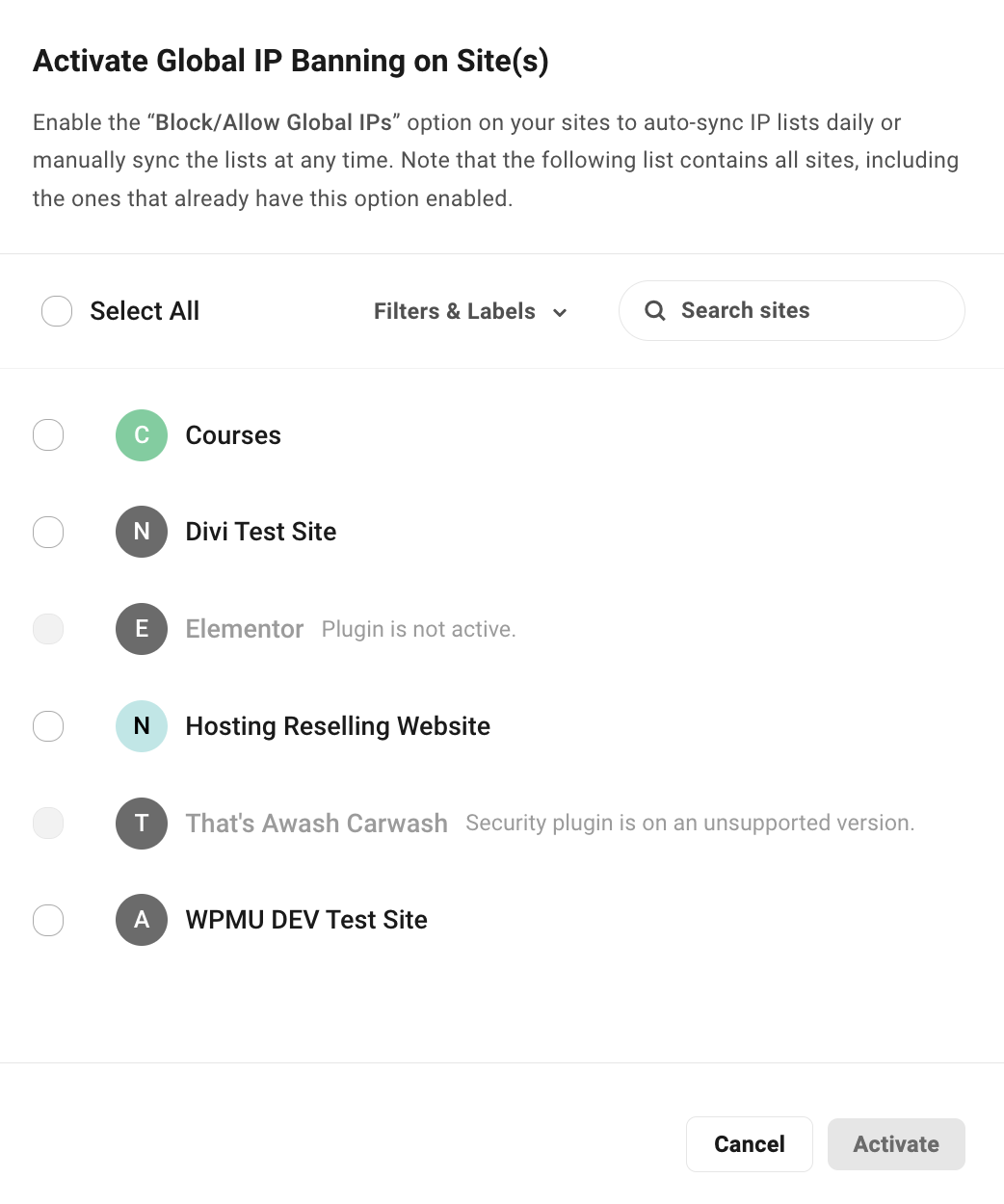 The sites that can be activated for IP syncing.