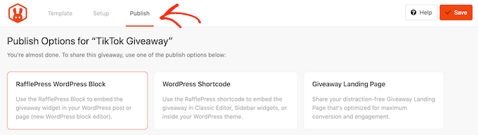 RafflePress' publishing settings