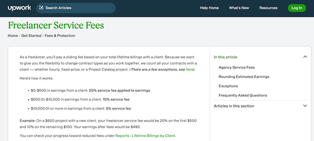 Freelancer service fees on Upwork. 