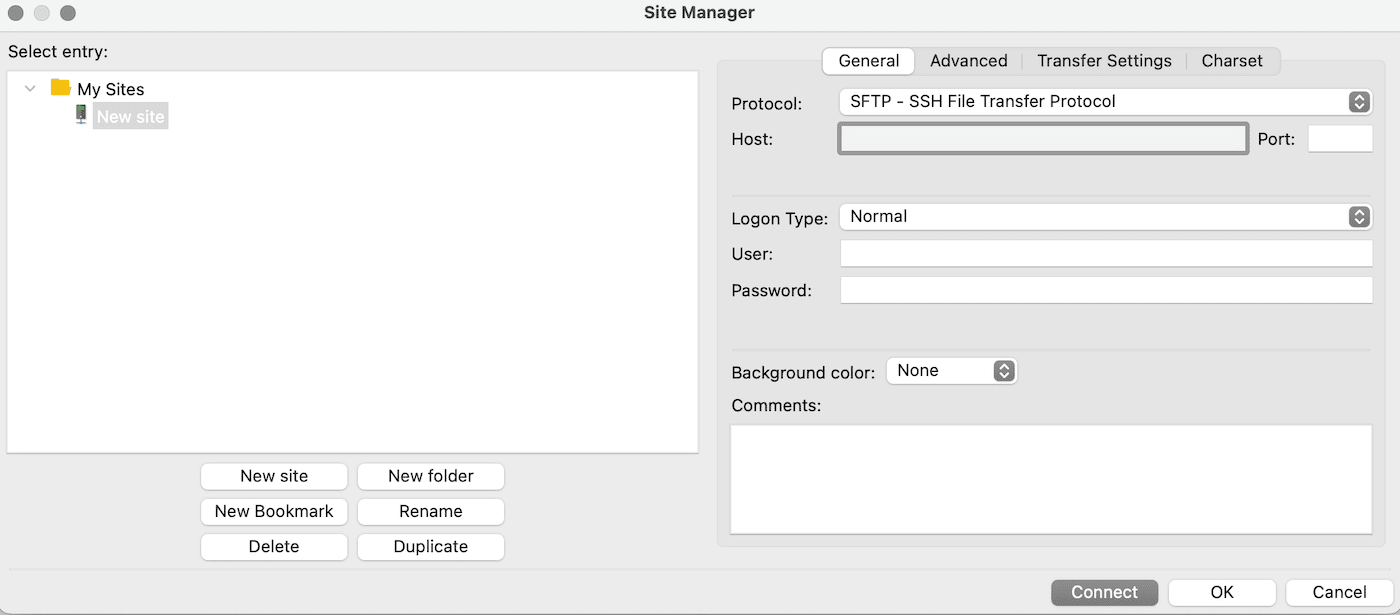 Connect website in FileZilla