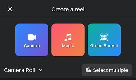Screen shot the Create a Reel tab opened with the Camera, Music, and Green Screen buttons featured 