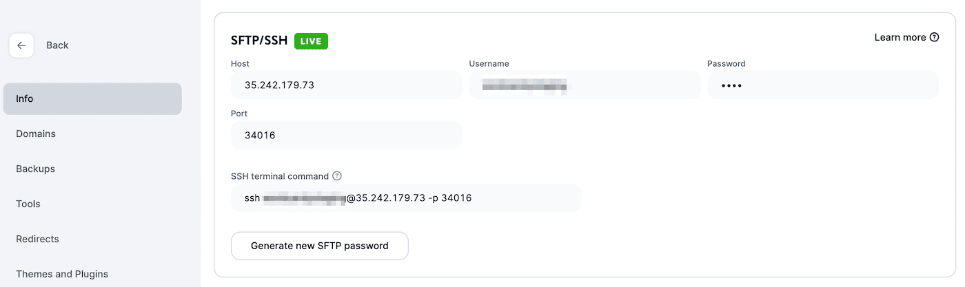 MyKinsta SFTP login credentials