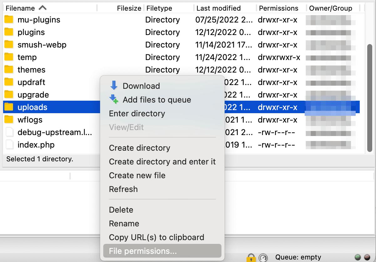 Editing file permissions for WordPress uploads