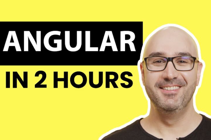 Angular in 2 hours sign on a yellow background with the tutor picture on the right