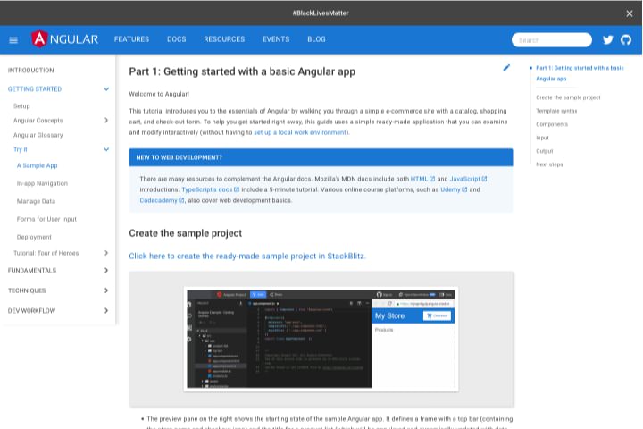 Angular tutorial homepage with the table of content on the left