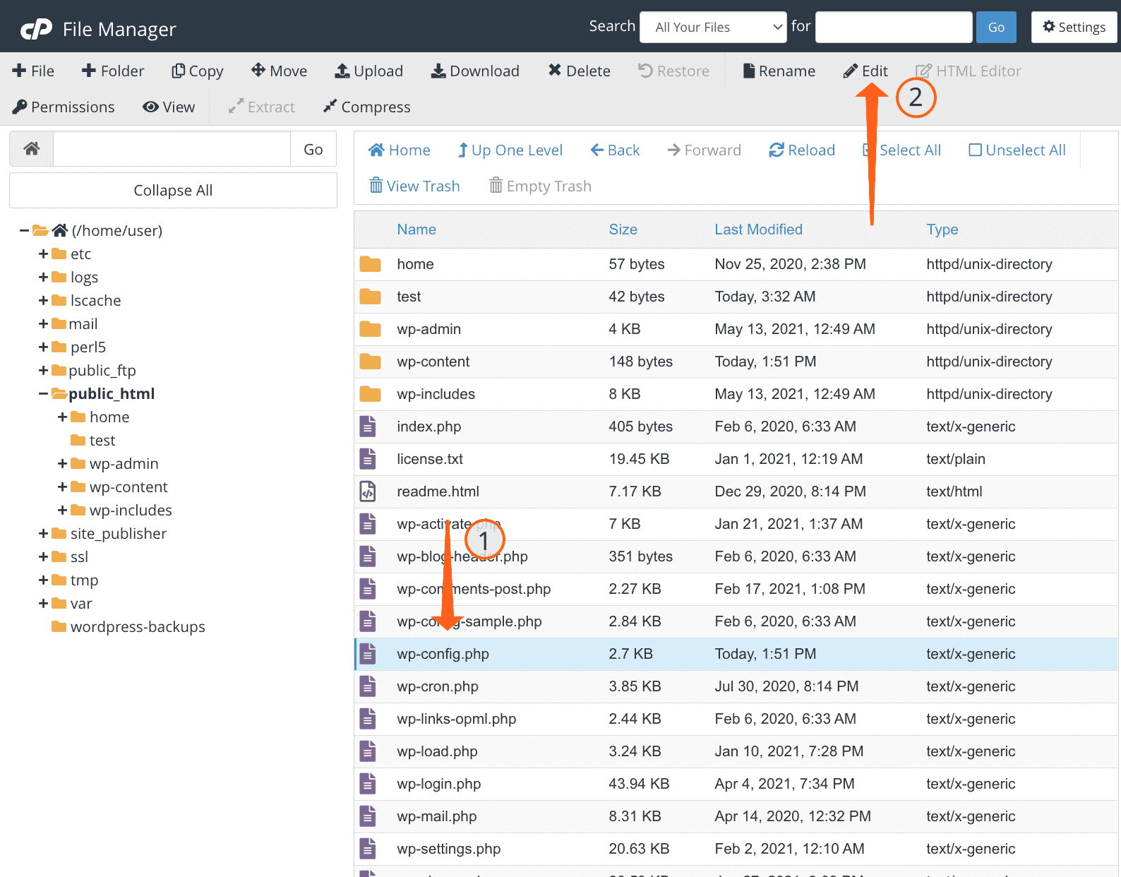Locating the wp-config.php file in the cPanel File Manager tool