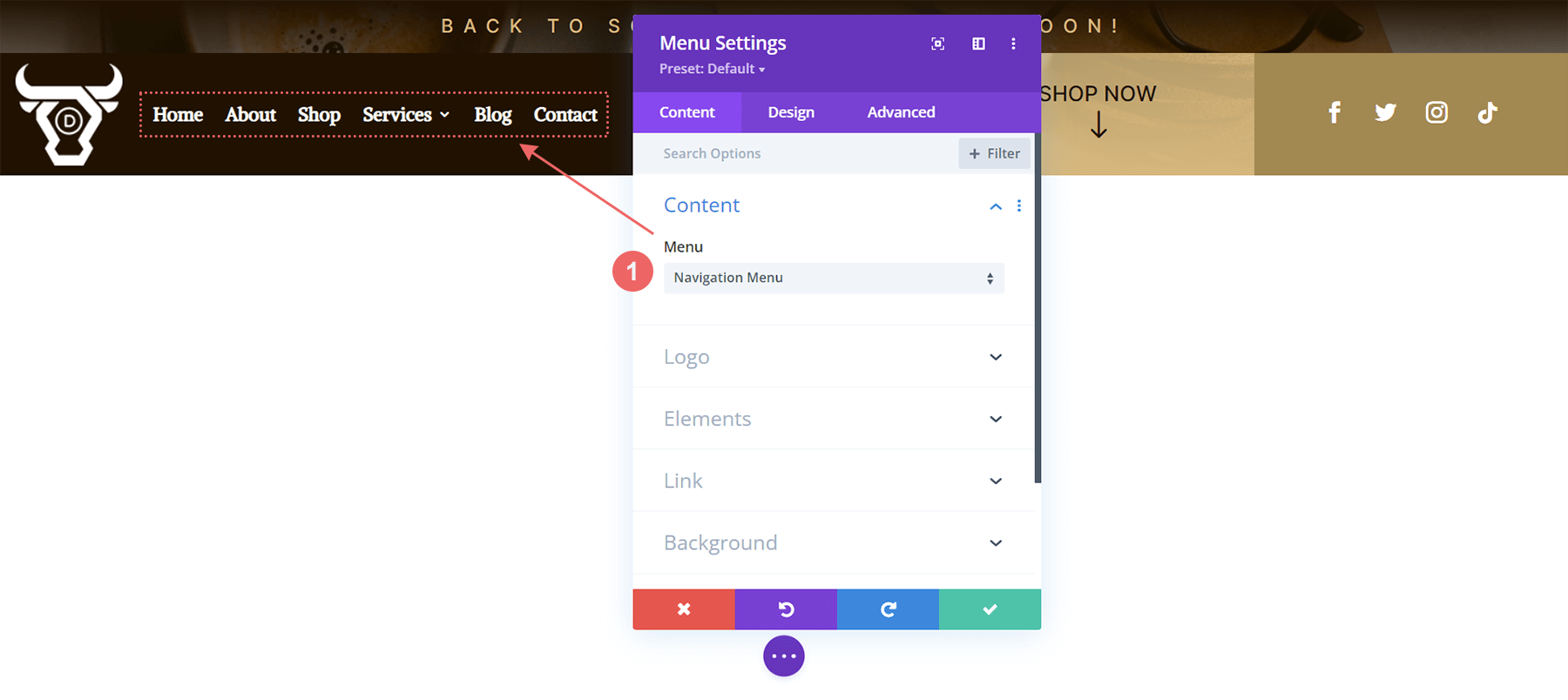 Choose your main menu module for your Divi Leather Goods layout