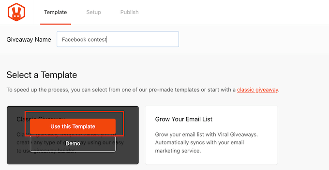 Using the classic giveaway template
