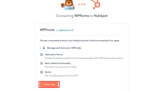 Click Connect App button to connect WPForms and HubSpot