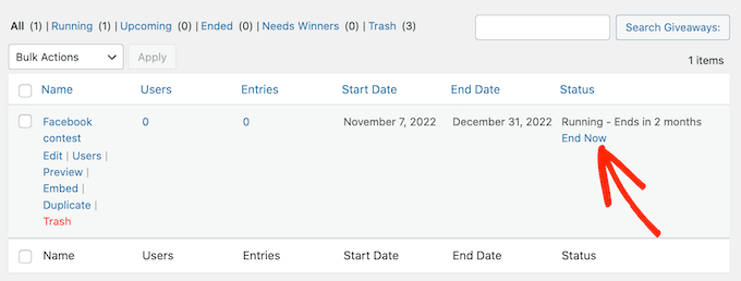 Closing a giveaway in the WordPress dashboard