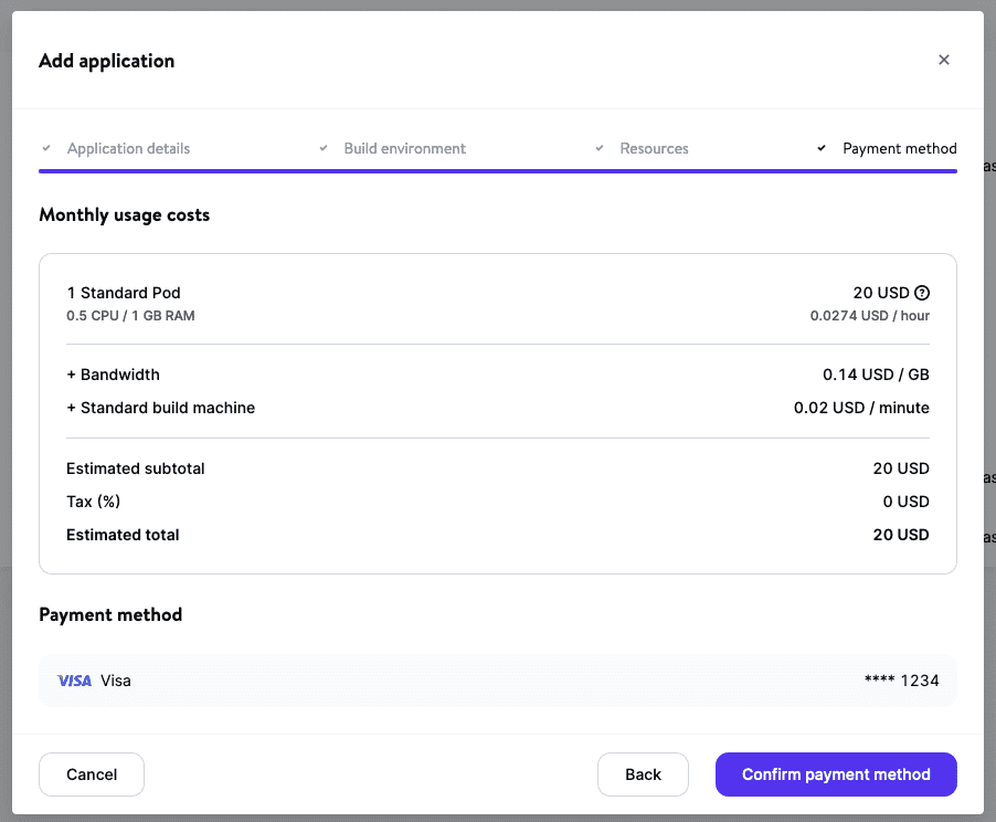 Confirming payment details for MyKinsta