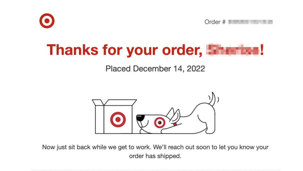 Thank you page for an eCommerce order at Target.com.