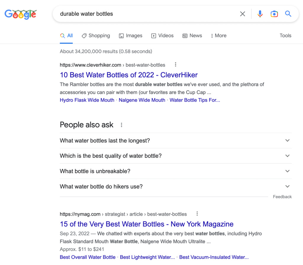 Google organic search results