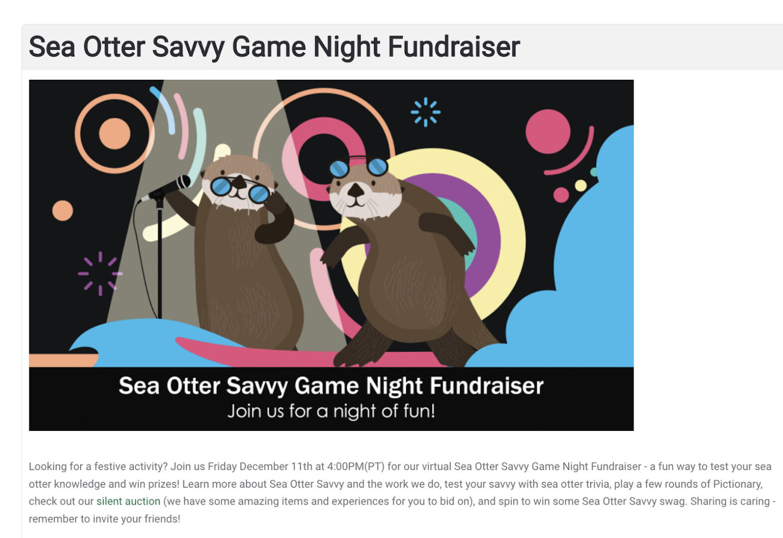 holiday fundraising, Sea Otter Savvy hosts a virtual game night fundraiser