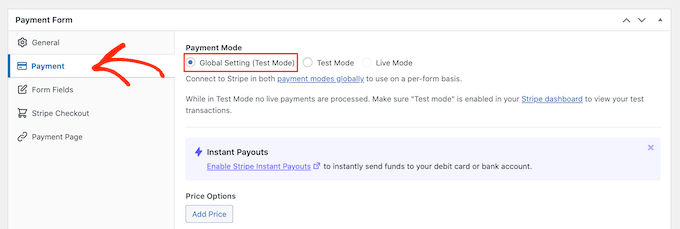 Creating a payment form in test mode