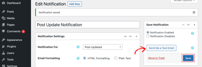 Save and test your email notification