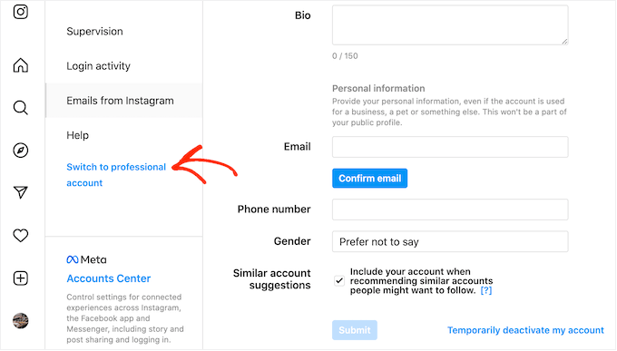 How to switch to a personal Instagram account