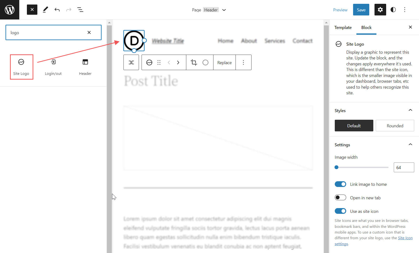 Wordpress site logo block preview