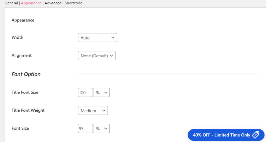 The Appearance settings in Easy Table of Contents.