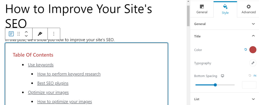 Customizing the style of your table of contents